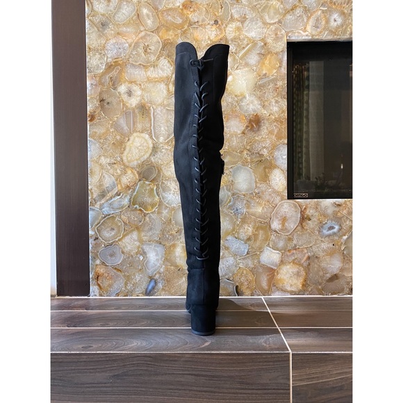 Back Lace Up Mid Faux suede Block Heel Over The Knee Thigh High Boot round toe - Picture 3 of 16